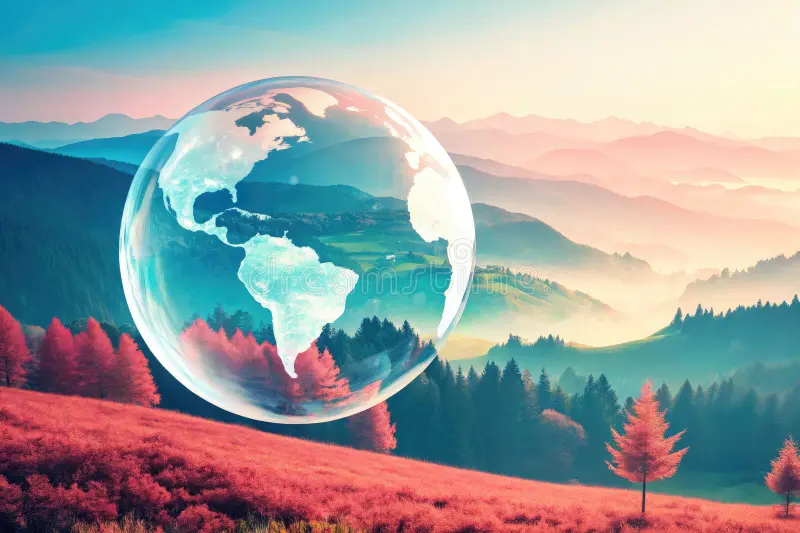 glass globe illustrating north south america floating over colorful mountain landscape sunrise sunset earth glass globe 386563054
